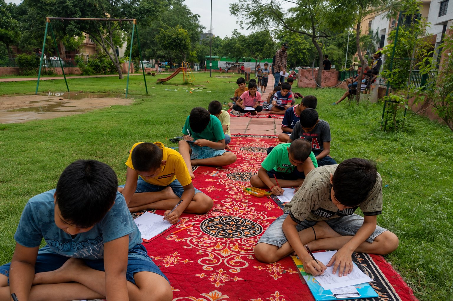 खुले मैदान में सामान्य ज्ञान प्रतियोगिता में भाग लेते बच्चे