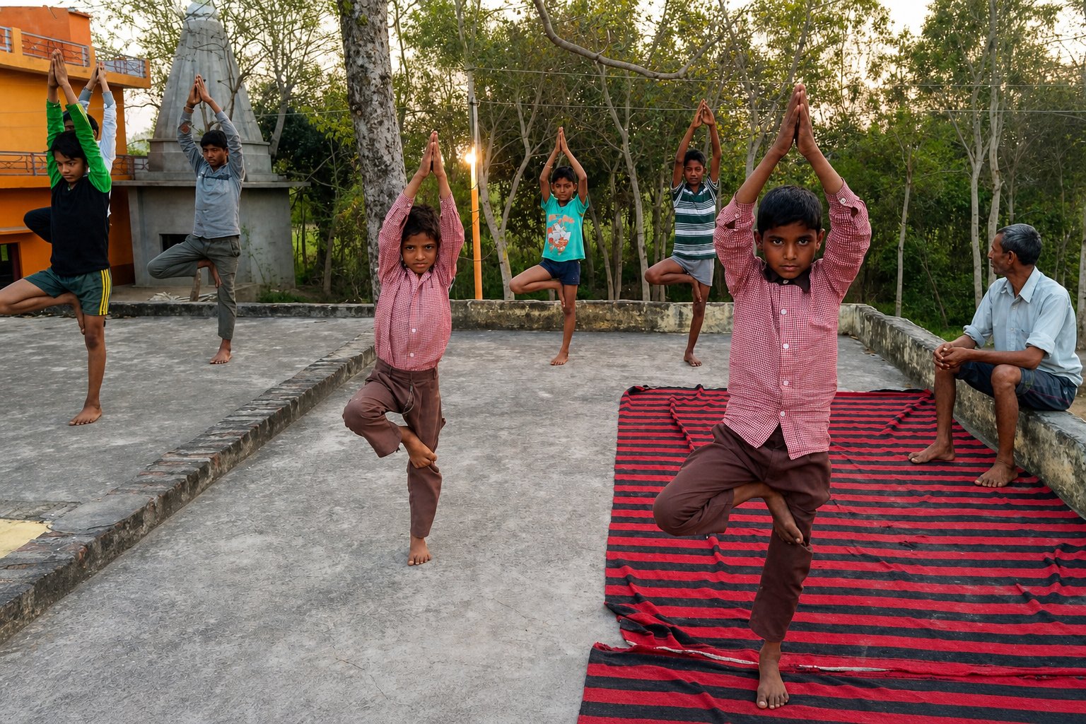 बच्चों द्वारा सामूहिक वृक्षासन योगाभ्यास